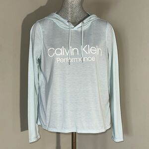 Calvin Klein Performance Wick sz S Women’s Blue Long Sleeve Hooded Tshirt hi-low